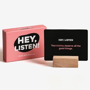 Hey Listen Affirmation Cards, 53 Daily Positive Motivational Cards with Wooden Stand, Boost Confidence, Achieve Goals, Mindfulness Inspirational Meditation Cards, Self-Care, Funny Gifts