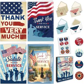 Decorably 8 Pack 5x7in Thank You for Your Service Cards for Veterans with Envelopes and Stickers, 4 Designs Patriotic Card with Printed Message Inside