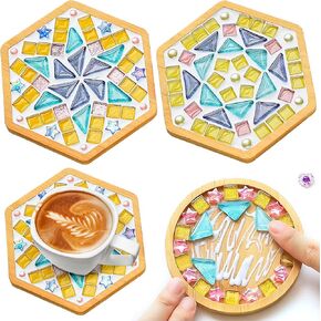 Jongdari Mosaic Tiles Craft Kits for Adults, 2 Set DIY Mosaic Art Projects Coaster Stained Glass Kit with Bamboo Coaster Craft Gifts for Women Handmade Home Decor Gifts (2 Round)