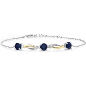 Gem Stone King 925 Sterling Silver and 10K Yellow Gold Blue Sapphire and White Lab Grown Diamond Women Tennis Bracelet (1.84 Cttw, Gemstone Birthstone, Round 5MM)