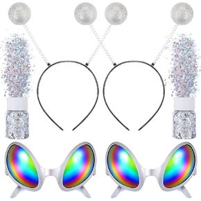 6 Pcs Halloween Alien Headbands Costume Martian Antenna Headbands Alien Rainbow Lens Sunglasses Sparkly Silver Glitters Cosplay Costume Accessory