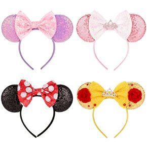 4Pcs Mouse Ears Headband for Women and Girls - Sequin Mouse Ears Headband for Boys Girls Women ,Glitter Bows Headband for Kids Adults Birthday Party Costume Halloween（Golden+pink+Purple+white dot）