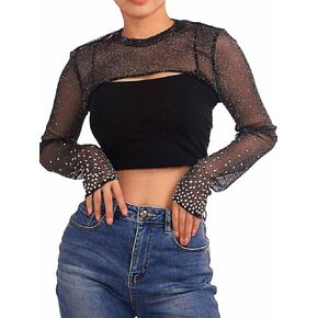 JAKAWIN Women’s Mesh Crop Top See Through Glitter Bolero Shrug Long Sleeve Black Sheer Blouse