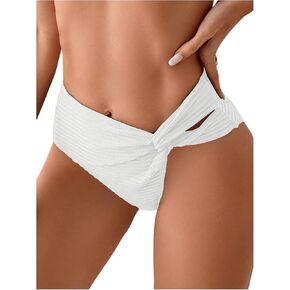 OYOANGLE Women's Twisted Front Bikini Bottom Mid Rise Textured Swimsuit Bathing Suit Bottoms