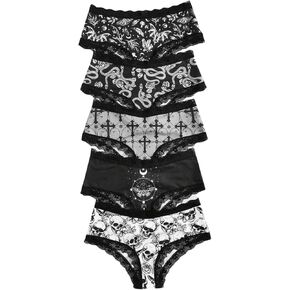 MakeMeChic Women's 5 Pack Gothic Floral Lace Briefs Graphic Print Scallop Trim Panty Underwear