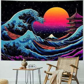 Serborlur The Great Wave Tapestry Japanese Kanagawa Tapestry Ocean Wave Tapestry Sea Sunset Wall Tapestry Aesthetic Starry Tapestry Wall Hanging for Living Room Bedroom