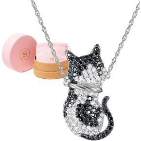 SCAMPER & CO Cat Pendant Cubic Zirconia Kitten Charm Necklace for Women - Genuine Gemstone Elegant Fish Pattern Backplate, Premium Plated Sterling Silver Chain Easy Closure, 18 inch