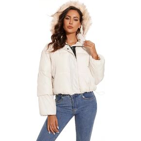 Tanderin Womens Winter Cropped Puffer Jacket Removable Hood Zip-Up Short Down Coat with Pockets with Pockets