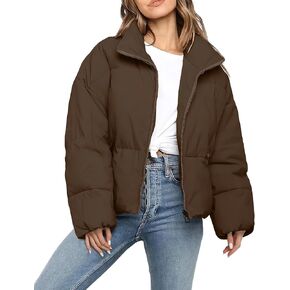 Women’s Cropped Puffer Jacket Long Sleeve Winter Puffy Coat Short Warm Casual Quilted Jackets