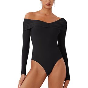 REORIA Women's Long Sleeve Oblique-Shoulder Double Layer Ruched Sexy Bodysuit 2024 Fall/Winter Designer Collection