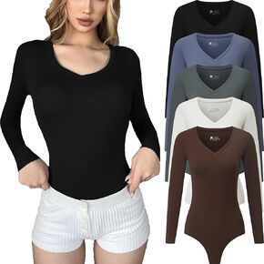 FMNNNN 5 Pack Body Suits for Womens Long Sleeve V Neck Casual Stretchy Basic T Shirt Bodysuit Tops