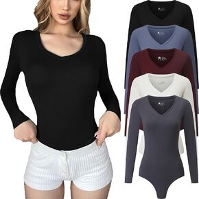 FMNNNN 5 Pack Body Suits for Womens Long Sleeve V Neck Casual Stretchy Basic T Shirt Bodysuit Tops