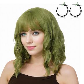 Women's Green Bob Wigs with Bangs,Short Wavy Curly Synthetic Wig,Shoulder Length Daily Party Wigs,Matte Green Wig for Halloween Costume Party Cosplay
