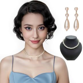 Women 1920s Vintage Flapper Black Short Wig Finger Wave Flapper Curly Full Vintage Wigs for Lady Cosplay Costume Fancy Dress Halloween Party Daily Wig+Earrings+Pearl Necklace