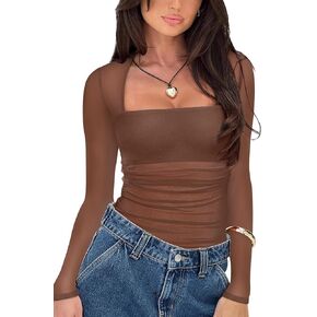 Women's Sexy Square Neck Long Sleeve Bodysuit Sheer Mesh Ruched Body Suits Going Out Tops