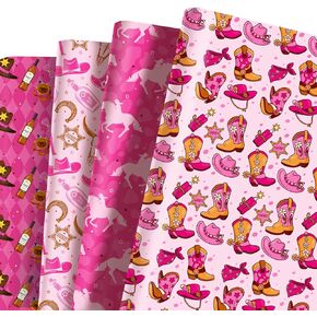 JOINFANXIN Gift Wrapping Paper, Pink Western Cowboy Design Wrapping Paper for Children's Birthdays, Holiday Parties, Baby Showers (27 x 20 inches each)