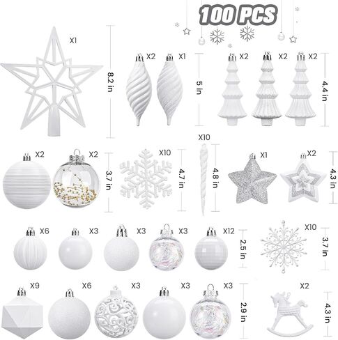 SHareconn 100pcs Christmas Tree Decorations Ornaments Set, Shatterproof Plastic Baubles Decorative Balls for Xmas Tree Decor Holiday Wedding Party, White in Saudi Arabia