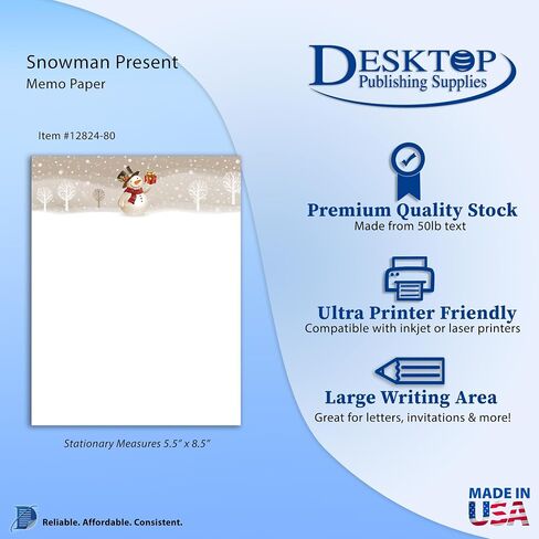 Snowman Present Christmas Stationery Memo Paper - 80 Sheets of Half Sized (5 1/2" x 8 1/2") Christmas Letterhead for Winter & Holiday Events in Saudi Arabia