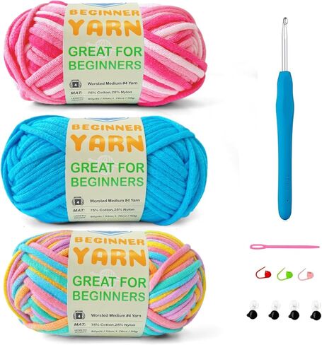 3 * 50 جم/1.76 أونصة من خيوط الحياكة والحياكة، 3 * 60 ياردة من خيوط المبتدئين مع غرز سهلة الرؤية؛ Worsted-Weight Medium #4؛ طقم كروشيه صديق للأميجورومي (بتلة + أزرق + وردي مرح) in Kuwait