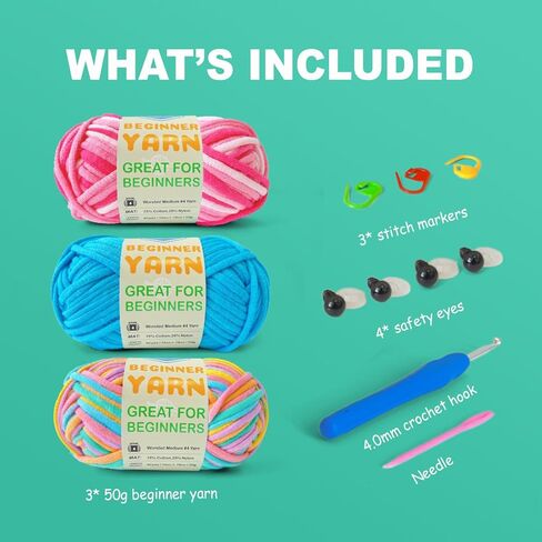 3 * 50 جم/1.76 أونصة من خيوط الحياكة والحياكة، 3 * 60 ياردة من خيوط المبتدئين مع غرز سهلة الرؤية؛ Worsted-Weight Medium #4؛ طقم كروشيه صديق للأميجورومي (بتلة + أزرق + وردي مرح) in Kuwait