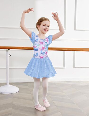 Zaclotre بنات كشكش كم الباليه ثياب مع تنورة متقاطعة الظهر لامعة ملابس رقص الجمباز طفل حجم 3-11 in Kuwait