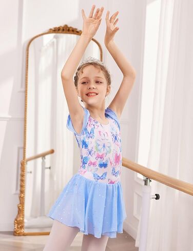 Zaclotre بنات كشكش كم الباليه ثياب مع تنورة متقاطعة الظهر لامعة ملابس رقص الجمباز طفل حجم 3-11 in Kuwait