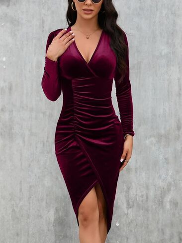 IFFEI Womens Wedding Guest Cocktail Dresses Fall Winter Velvet Dress for Women Ruched V Neck Long Sleeve Bodycon Mini Dress in Kuwait