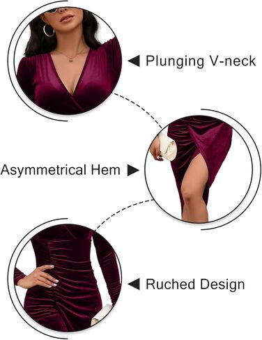 IFFEI Womens Wedding Guest Cocktail Dresses Fall Winter Velvet Dress for Women Ruched V Neck Long Sleeve Bodycon Mini Dress in Kuwait