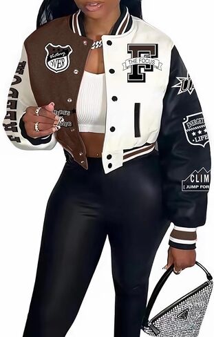 COZYPOIN Women's Varsity Jacket Print Cropped Color Block Jacket 2024 Unisex Baseball Bomber Y2K Streetwear Coats in Kuwait