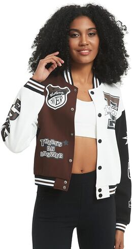 COZYPOIN Women's Varsity Jacket Print Cropped Color Block Jacket 2024 Unisex Baseball Bomber Y2K Streetwear Coats in Kuwait
