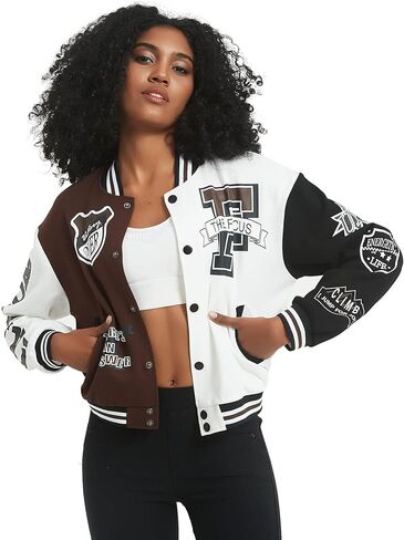 COZYPOIN Women's Varsity Jacket Print Cropped Color Block Jacket 2024 Unisex Baseball Bomber Y2K Streetwear Coats in Kuwait