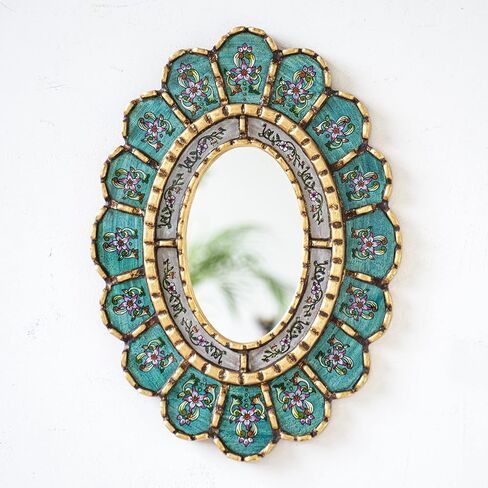 رسم بيرو على مرآة زجاجية بيضاوية لتزيين الجدران | مرآة زخرفية باللون الفيروزي معلقة على الحائط لديكور الغرفة in Kuwait