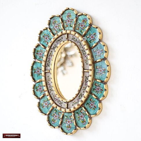 رسم بيرو على مرآة زجاجية بيضاوية لتزيين الجدران | مرآة زخرفية باللون الفيروزي معلقة على الحائط لديكور الغرفة in Kuwait