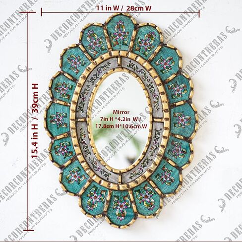 رسم بيرو على مرآة زجاجية بيضاوية لتزيين الجدران | مرآة زخرفية باللون الفيروزي معلقة على الحائط لديكور الغرفة in Kuwait