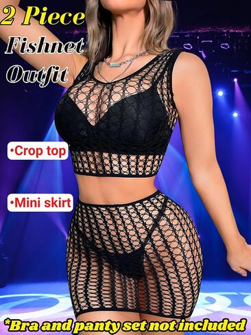 Kaei&Shi Fishnet Lingerie,Sexy 2 Piece Rave Outfits For Women,Sleeveless Top Mesh Skirt Exotic Sets in Kuwait