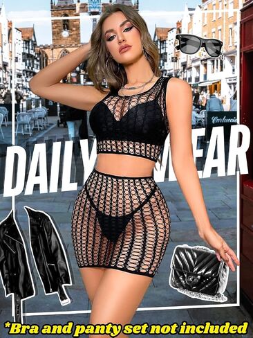 Kaei&Shi Fishnet Lingerie,Sexy 2 Piece Rave Outfits For Women,Sleeveless Top Mesh Skirt Exotic Sets in Kuwait