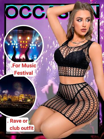 Kaei&Shi Fishnet Lingerie,Sexy 2 Piece Rave Outfits For Women,Sleeveless Top Mesh Skirt Exotic Sets in Kuwait