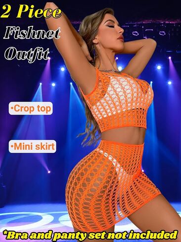Kaei&Shi Fishnet Lingerie,Sexy 2 Piece Rave Outfits For Women,Sleeveless Top Mesh Skirt Exotic Sets in Kuwait