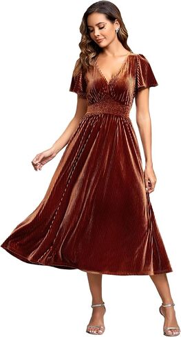 فستان نسائي من Ever-Pretty برقبة على شكل حرف V مخملي متوسط ​​الطول وأكمام واسعة مكشكشة لحفلات الكوكتيل ووصيفة العروس in Kuwait