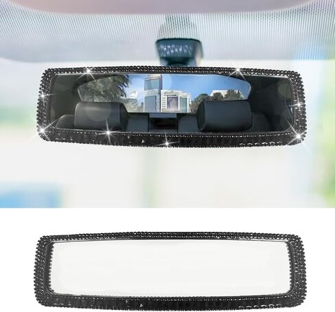 Bling Car Rear View Mirror, Clip-On Rhinestone Car Rearview Mirror with Crystal Diamonds, HD Glass Auto Interior Rear View Mirror, Car Decoration Accessories for Women Men Teens (Black) in Kuwait
