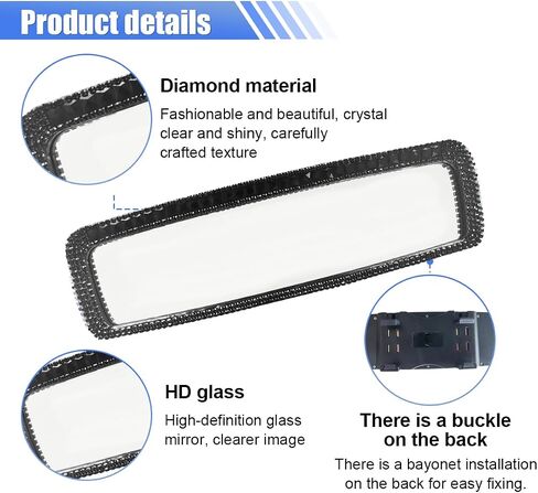 Bling Car Rear View Mirror, Clip-On Rhinestone Car Rearview Mirror with Crystal Diamonds, HD Glass Auto Interior Rear View Mirror, Car Decoration Accessories for Women Men Teens (Black) in Kuwait