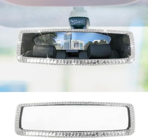 Bling Car Rear View Mirror, Clip-On Rhinestone Car Rearview Mirror with Crystal Diamonds, HD Glass Auto Interior Rear View Mirror, Car Decoration Accessories for Women Men Teens (Black) in Kuwait
