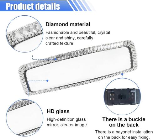 Bling Car Rear View Mirror, Clip-On Rhinestone Car Rearview Mirror with Crystal Diamonds, HD Glass Auto Interior Rear View Mirror, Car Decoration Accessories for Women Men Teens (Black) in Kuwait