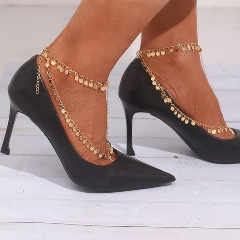 2 قطعة سلسلة قدم من الترتر الذهبي بوهو خلخال مطرز بطبقات من الشرابة صنادل حفاة القدم للنساء in Kuwait