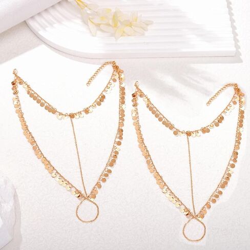 2 قطعة سلسلة قدم من الترتر الذهبي بوهو خلخال مطرز بطبقات من الشرابة صنادل حفاة القدم للنساء in Kuwait