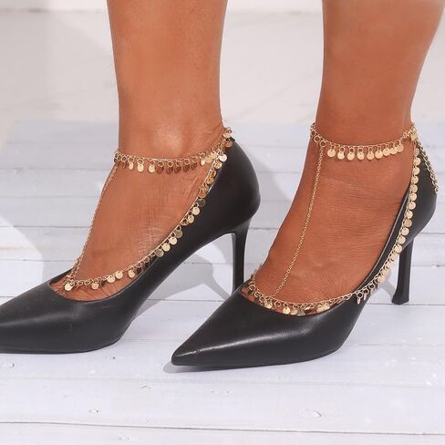 2 قطعة سلسلة قدم من الترتر الذهبي بوهو خلخال مطرز بطبقات من الشرابة صنادل حفاة القدم للنساء in Kuwait