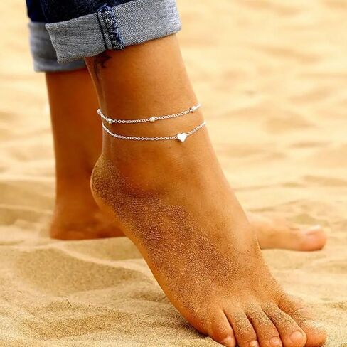 Gold Ankle Bracelet for Women Waterproof, Adjustable 14K Gold Plated Dainty Heart Satellite Bead Layered Anklets, Non Tarnish Minimalist Anklet Beach Foot Chain Jewelry Trendy Gift for Women in Saudi Arabia