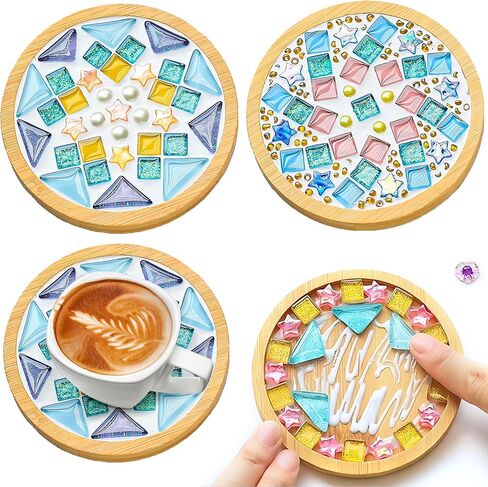 Jongdari Mosaic Tiles Craft Kits for Adults, 2 Set DIY Mosaic Art Projects Coaster Stained Glass Kit with Bamboo Coaster Craft Gifts for Women Handmade Home Decor Gifts (2 Round) in Saudi Arabia
