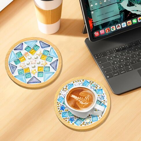 Jongdari Mosaic Tiles Craft Kits for Adults, 2 Set DIY Mosaic Art Projects Coaster Stained Glass Kit with Bamboo Coaster Craft Gifts for Women Handmade Home Decor Gifts (2 Round) in Saudi Arabia