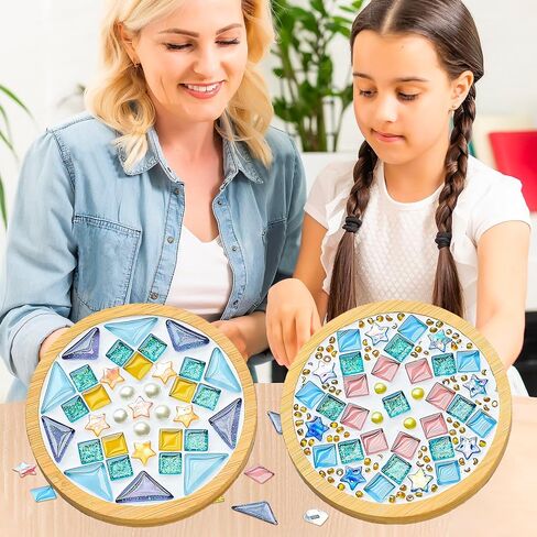 Jongdari Mosaic Tiles Craft Kits for Adults, 2 Set DIY Mosaic Art Projects Coaster Stained Glass Kit with Bamboo Coaster Craft Gifts for Women Handmade Home Decor Gifts (2 Round) in Saudi Arabia